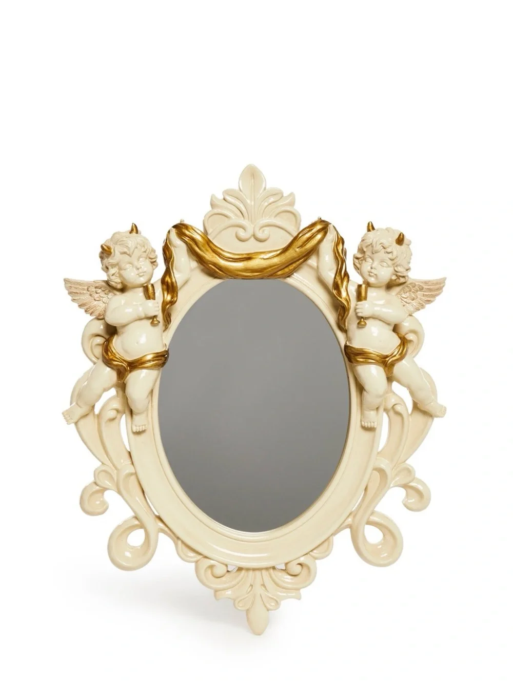 Ornate Cherub Oval Wall Mirror in Cream and Gold